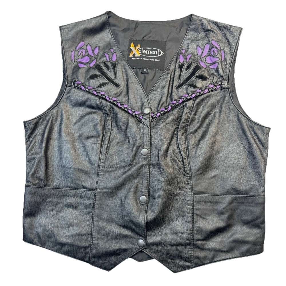 Xelement Leather Motorcycle Vest‎ Women's XL Black Purple Floral Biker Vest